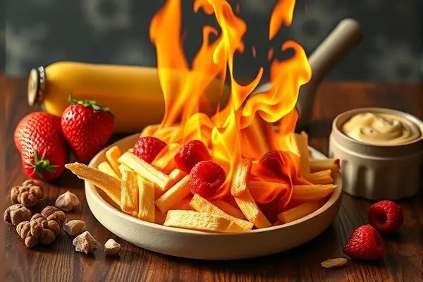 Stay away from foods that cause heartburn, a plate of fries burning.