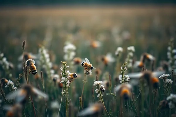 Bees in a field, collecting pollen