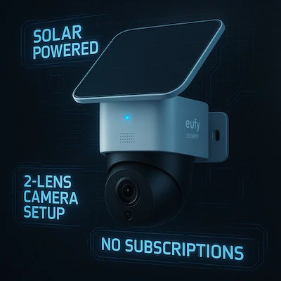 eufy Security SoloCam S340, Solar Security Cameras Wireless Outdoor, Cameras for Home Security, 360° Pan & Tilt Surveillance, No Blind Spots, 2.4 GHz Wi-Fi, No Monthly Fee, HomeBase S380 Compatible