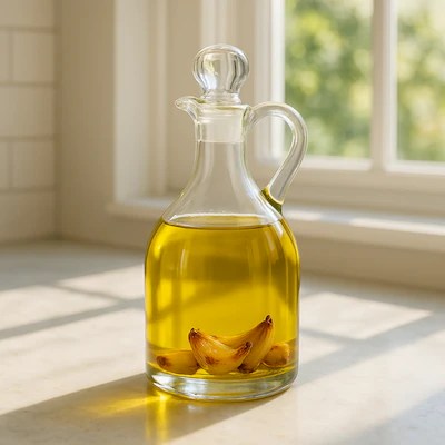 Olive oil garlic infused on a glass bottle