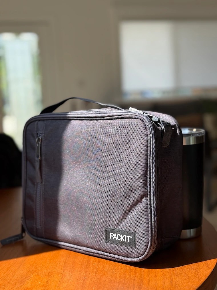 PackIt Freezable Classic Lunch Box on kitchen counter with morning coffee