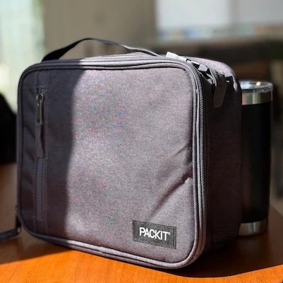 PackIt Freezable Classic Lunch Box on kitchen counter with morning coffee